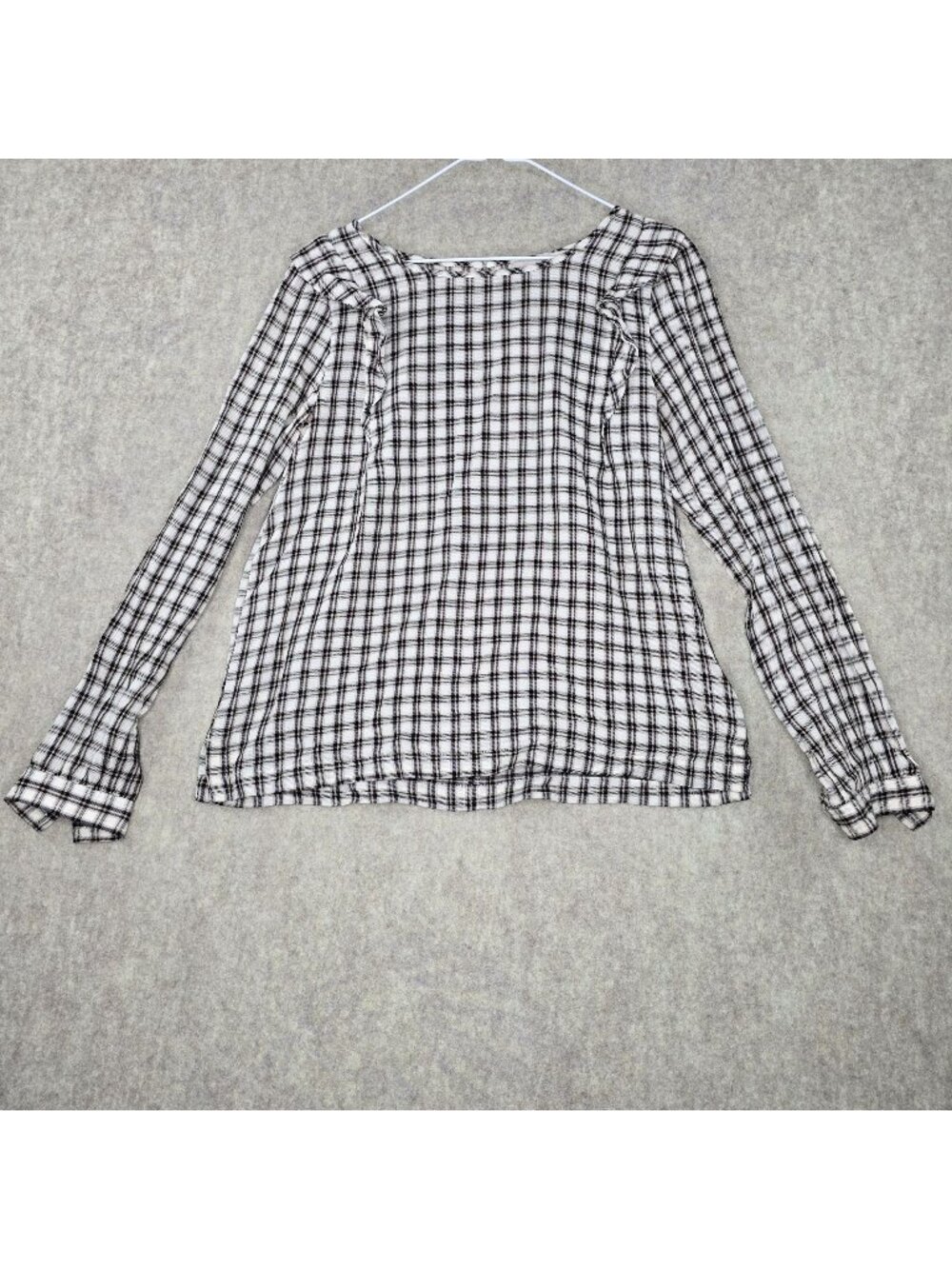 Loft Womens Plaid Long-Sleeve Blouse Black/White Lightweight Semi-Sheer